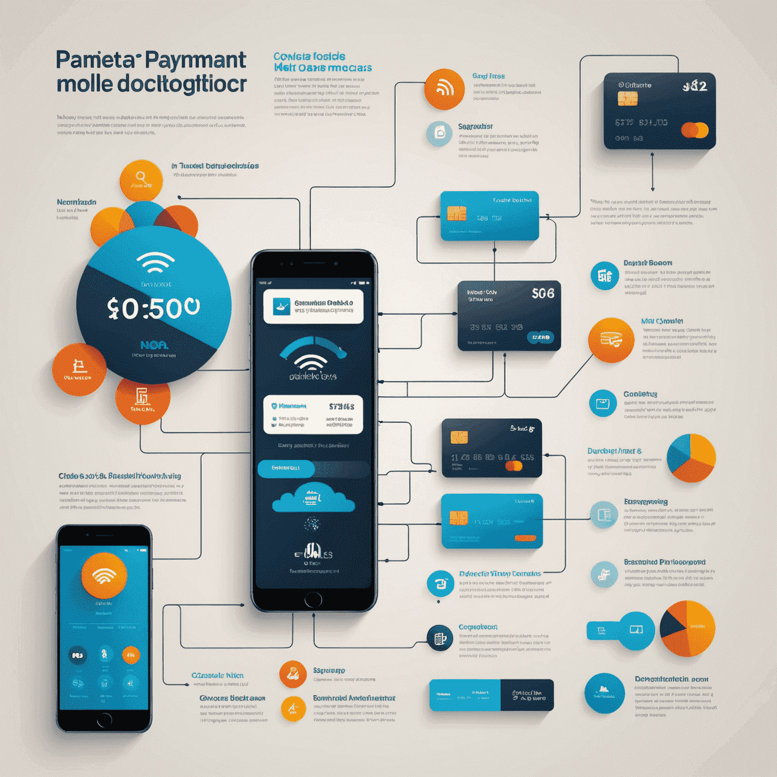 Infografika przedstawiająca różne metody płatności i operatorów komórkowych z ich logotypami oraz wizualizacją procesu doładowania telefonu